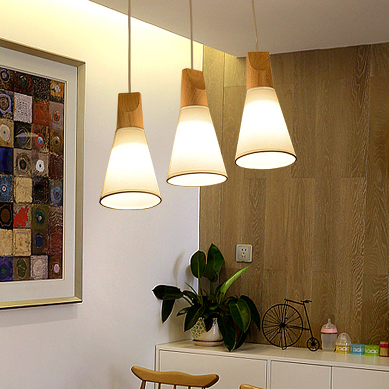 Simplicity Fabric 1-Light Dining Room Pendant Light Fixture - Tapered Suspension with Wooden Top (White)