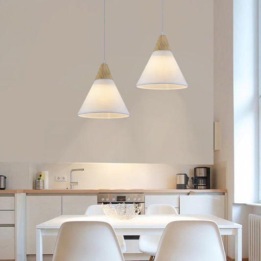 Simplicity Fabric 1-Light Dining Room Pendant Light Fixture - Tapered Suspension with Wooden Top (White)