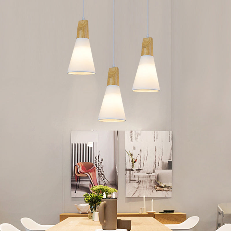 Simplicity Fabric 1-Light Dining Room Pendant Light Fixture - Tapered Suspension with Wooden Top (White)