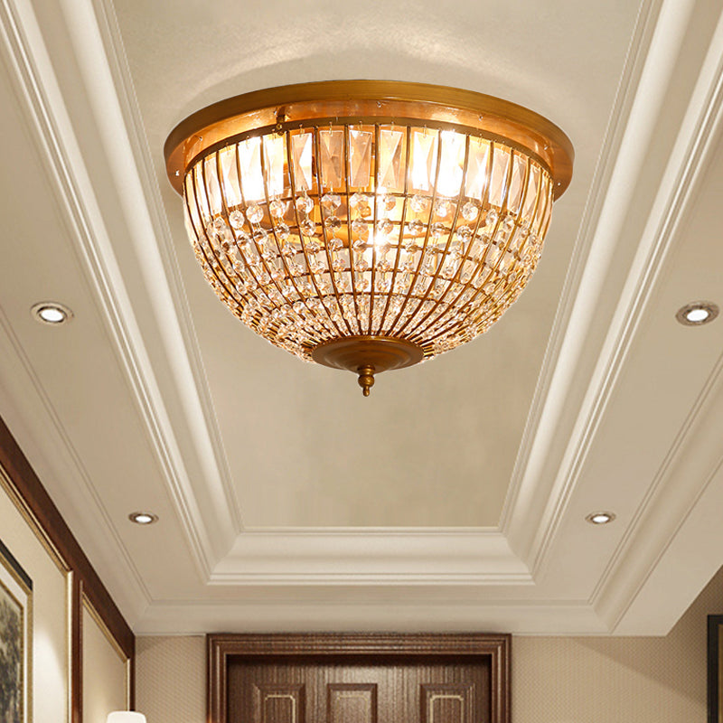 Modern Brass Flush Mount with Crystal Dome Shade - 3 Light Hallway Ceiling Fixture - 14"/18" Wide