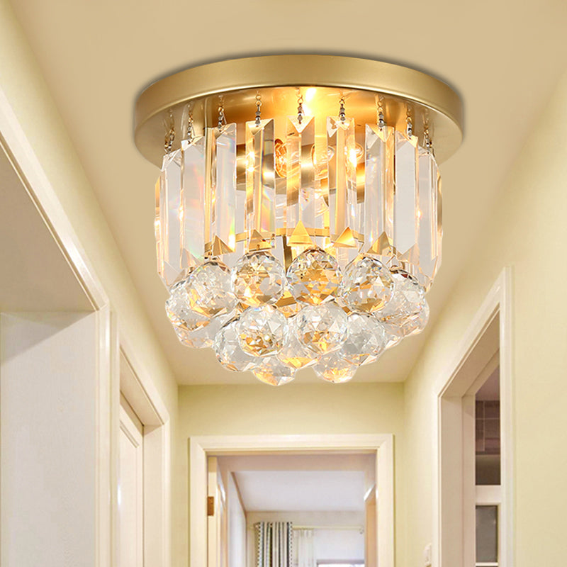 Postmodern Drum Ceiling Light with Crystal Shade - Metal Flush Mount, 2 Lights for Corridor