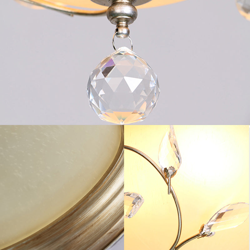 Contemporary 1-Light Ceiling Lamp with Frosted Glass Shade, Crystal Accents, and Nickel Dome Flush Fixture