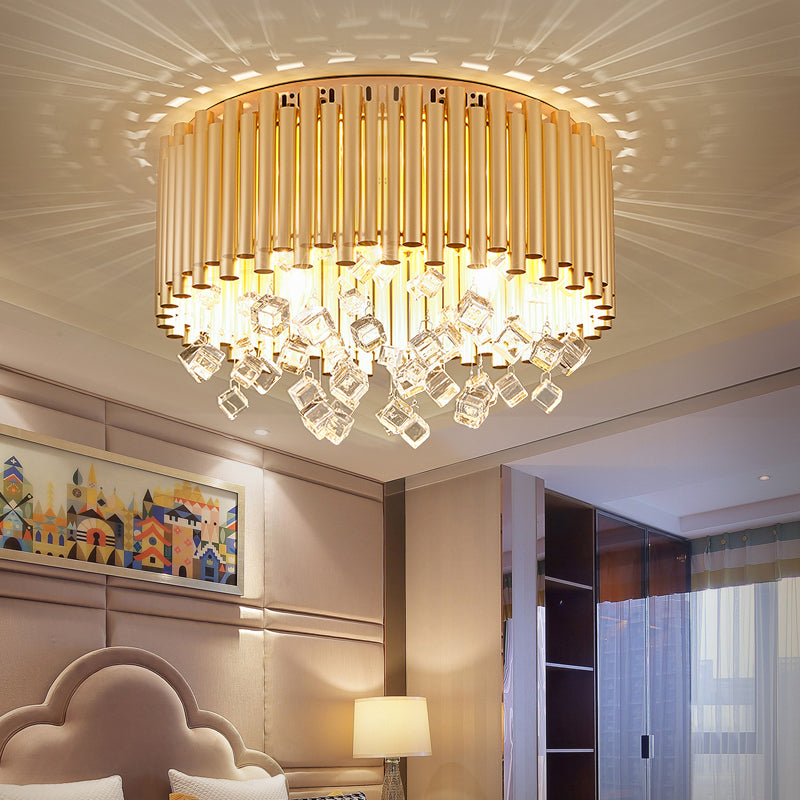Modern Brass Ceiling Lamp with Metal Flute Shade and Crystal Drop - Drum Flush Light (4/5 Lights) - 16"/19.5" Dia