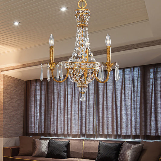 Gold Retro Pyramid Chandelier with Crystal Accents - 3 Heads - Hanging Suspension Light for Living Room