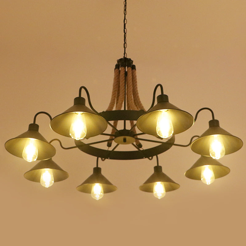 Lustre de restaurant industriel circulaire avec corde de chanvre et finition en fer noir