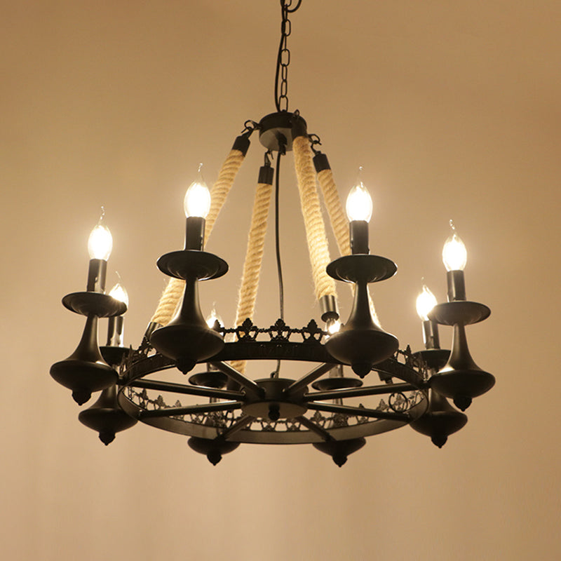 Lustre de restaurant industriel circulaire avec corde de chanvre et finition en fer noir