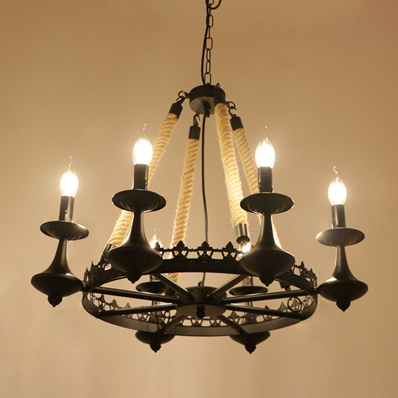 Lustre de restaurant industriel circulaire avec corde de chanvre et finition en fer noir
