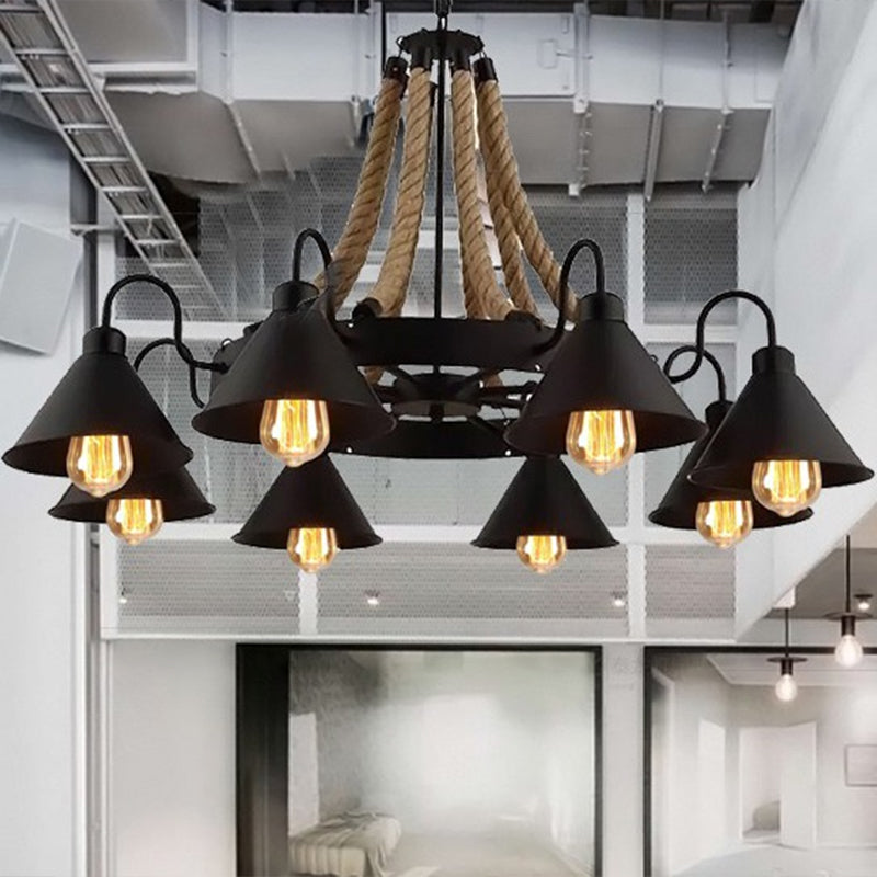 Lustre de restaurant industriel circulaire avec corde de chanvre et finition en fer noir