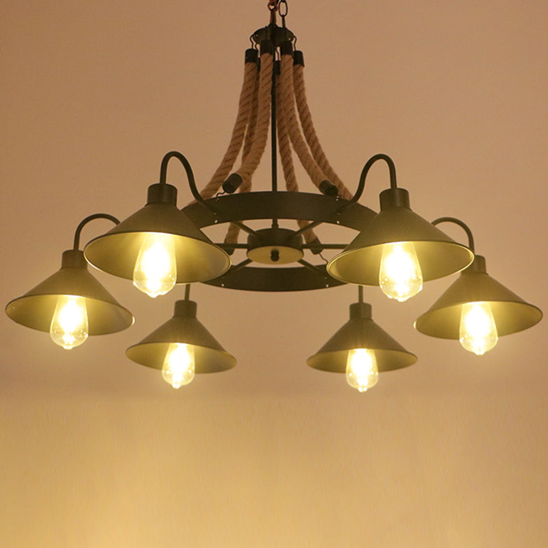 Lustre de restaurant industriel circulaire avec corde de chanvre et finition en fer noir