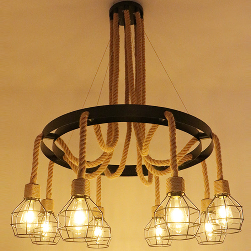 Lustre de restaurant industriel circulaire avec corde de chanvre et finition en fer noir