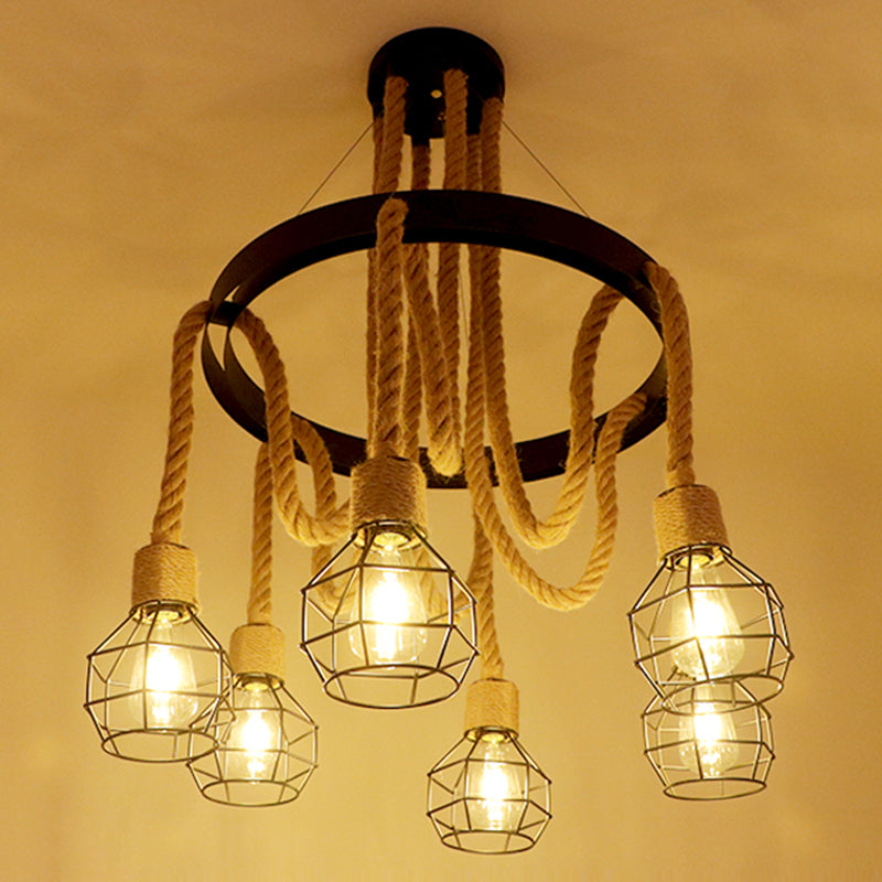 Lustre de restaurant industriel circulaire avec corde de chanvre et finition en fer noir