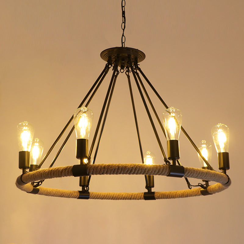 Lustre de restaurant industriel circulaire avec corde de chanvre et finition en fer noir