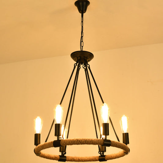 Circular Industrial Restaurant Chandelier with Hemp Rope in Black Iron Finish