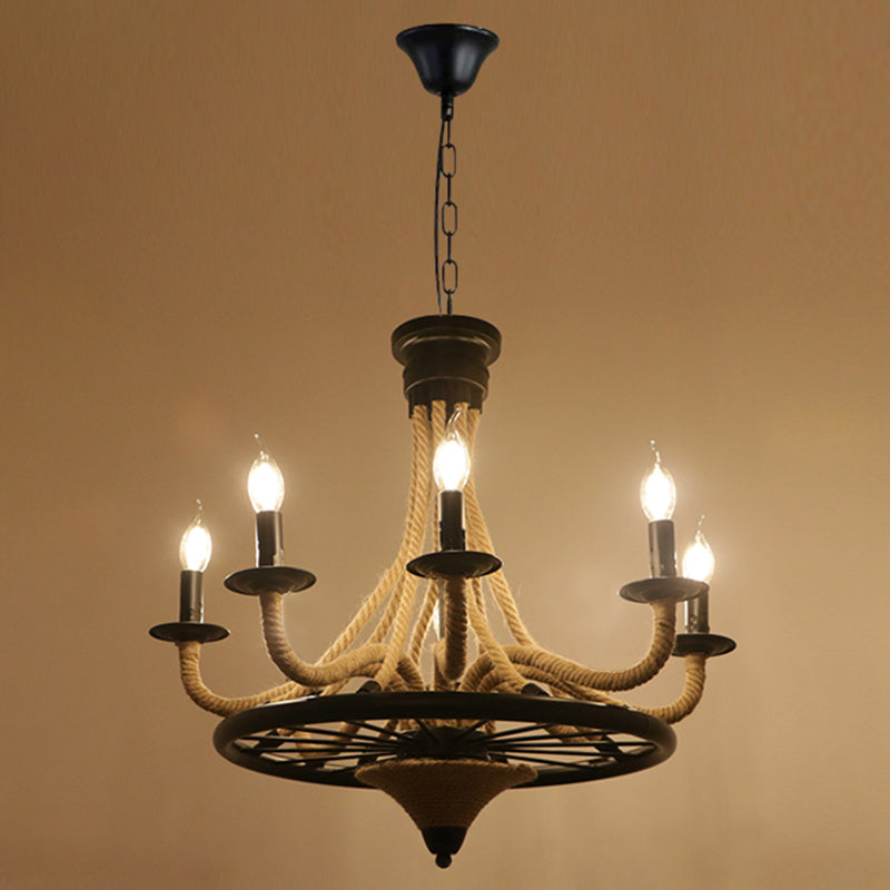 Lustre de restaurant industriel circulaire avec corde de chanvre et finition en fer noir