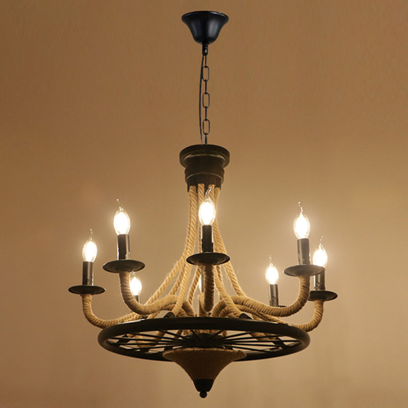 Lustre de restaurant industriel circulaire avec corde de chanvre et finition en fer noir