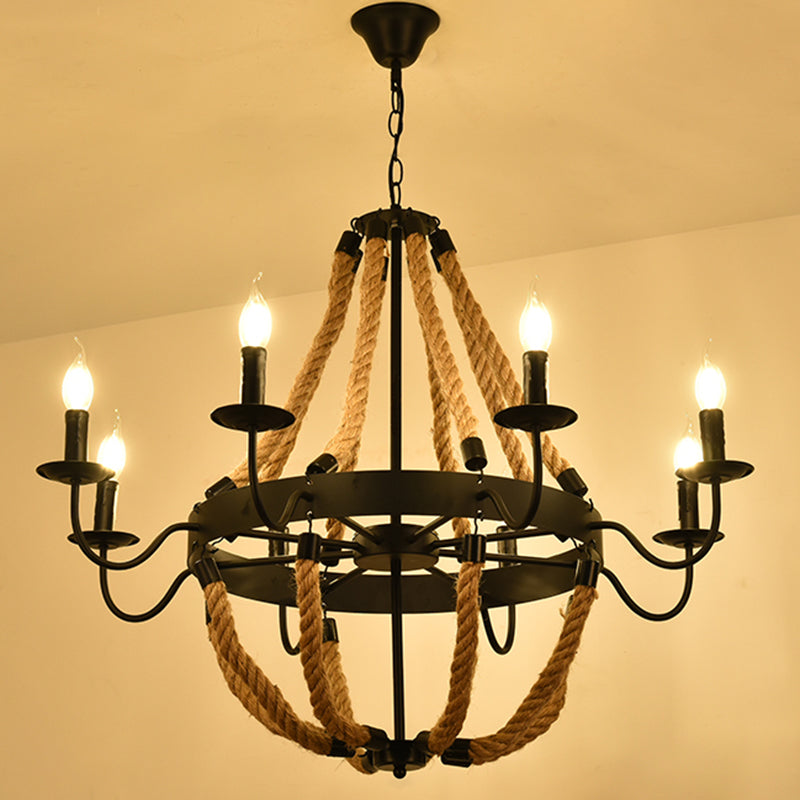 Lustre de restaurant industriel circulaire avec corde de chanvre et finition en fer noir
