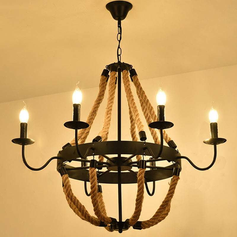 Lustre de restaurant industriel circulaire avec corde de chanvre et finition en fer noir