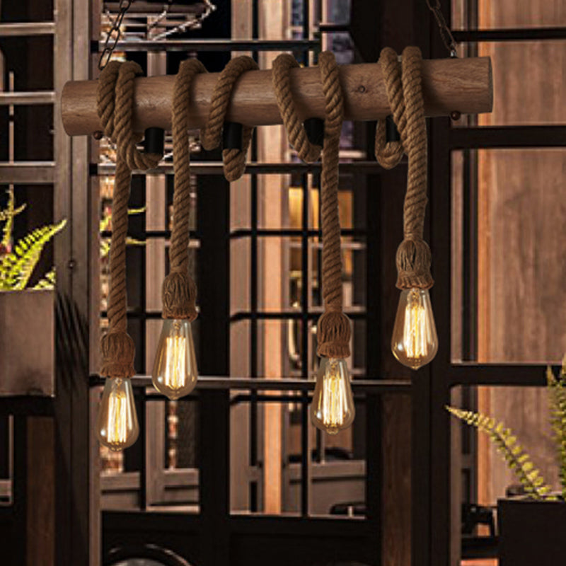 Vintage Hemp Rope Pendant Light With Exposed Bulbs - 4-Light Wood Island Ceiling Fixture