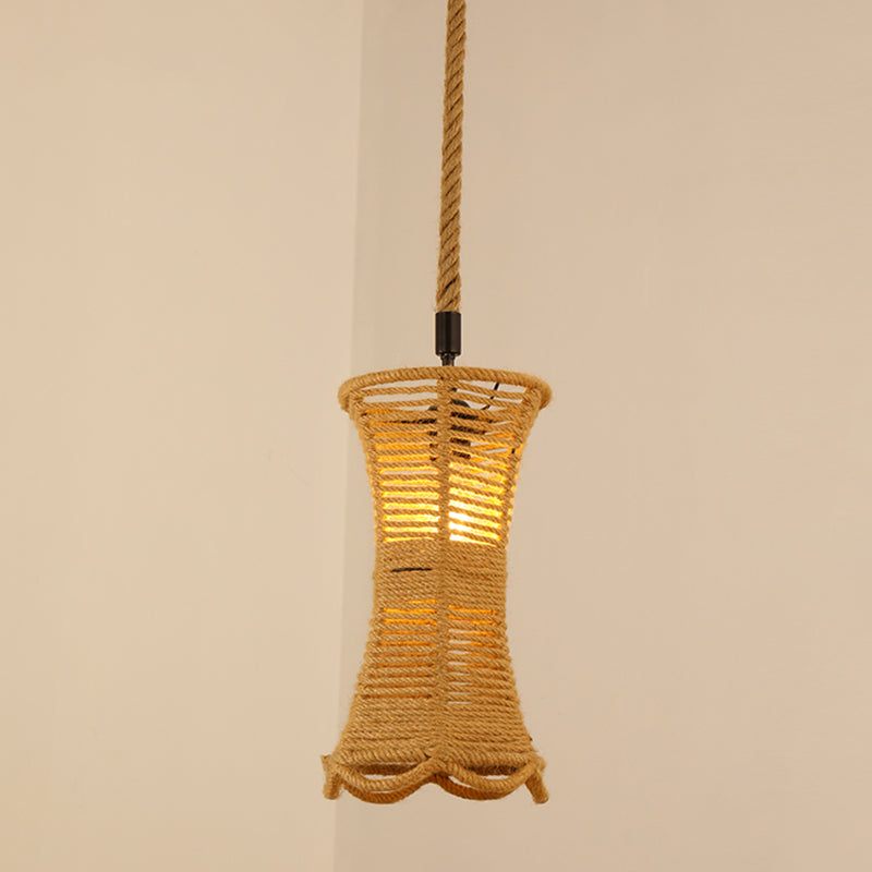 Antique Caged Pendant Light with Hemp Rope - Brown 1-Light Pendant for Restaurants