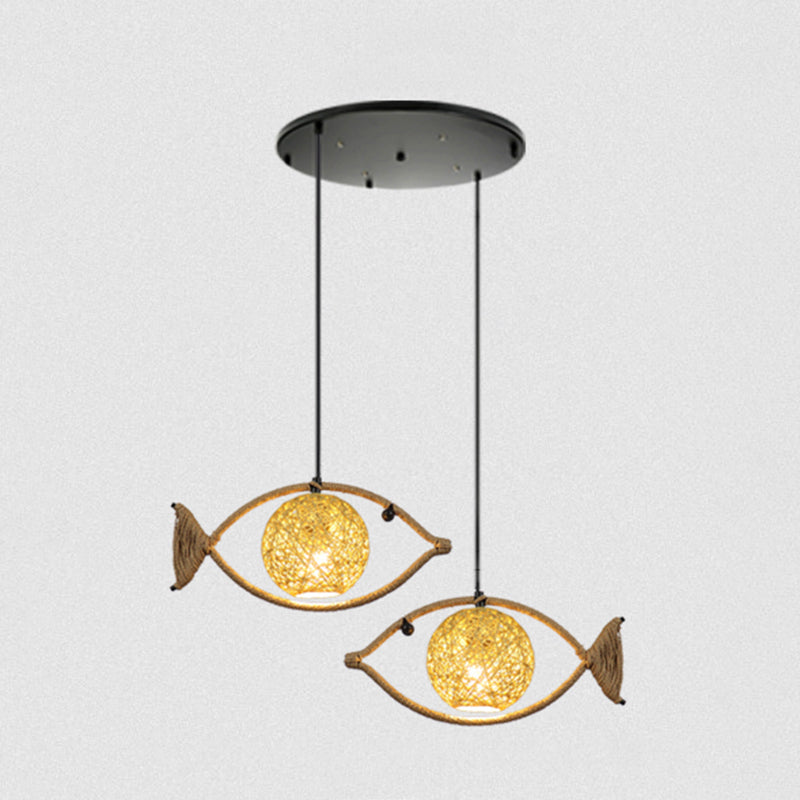 Hemp Rope Fish Suspension Pendant Ceiling Light with Globe Rattan Shade - Retro Restaurant Lighting in Brown