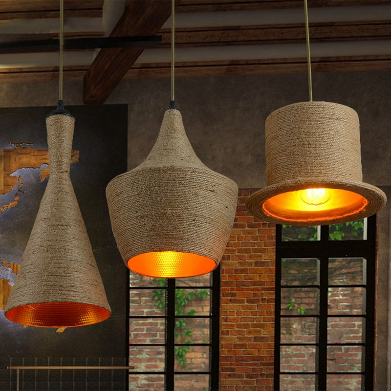 Suspension simple en corde de chanvre de style industriel en marron - Luminaire suspendu au plafond