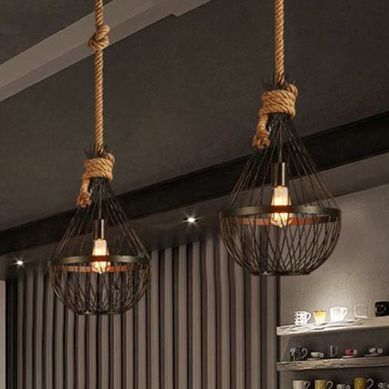 Retro Iron Pear-Shaped Suspension Lighting With Hemp Rope In Black Pendant