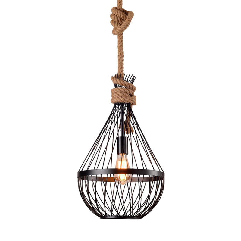 Retro Iron Pear-Shaped Suspension Lighting With Hemp Rope In Black Pendant