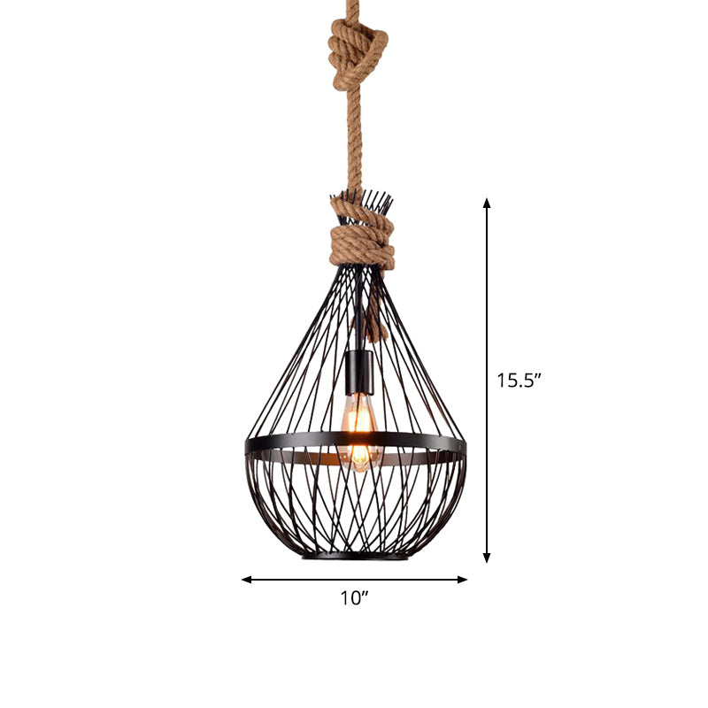 Retro Iron Pear-Shaped Suspension Lighting With Hemp Rope In Black Pendant