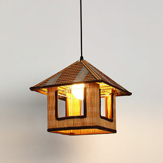 Suspension avec abat-jour en corde de chanvre - Luminaire suspendu antique à 1 lampe pour restaurants en marron