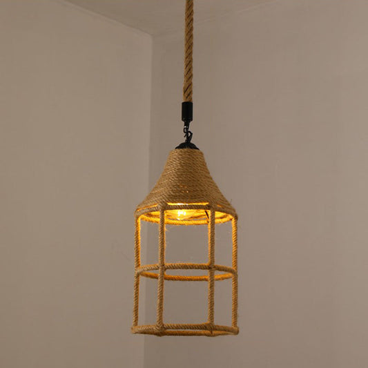 Suspension en corde de chanvre avec cage - Luminaire suspendu vintage à une ampoule pour restaurants en marron