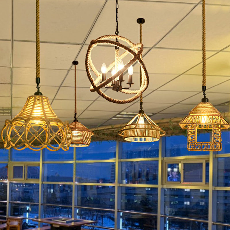 Hemp Rope Pendant Light - Antique 1-Light Fixture In Brown For Restaurants