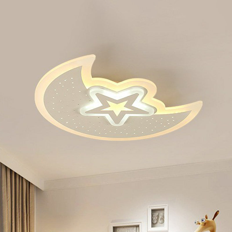 Contemporary Acrylic Flush Mount Ceiling Light with Crescent and Star Design - White LED Lighting Fixture