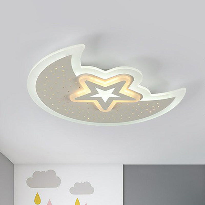 Contemporary Acrylic Flush Mount Ceiling Light with Crescent and Star Design - White LED Lighting Fixture