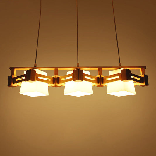 Japanese Hanging Light: Trapezoid Cream Glass 3-Bulb Pendant For Dining Room Or Kitchen Island Wood