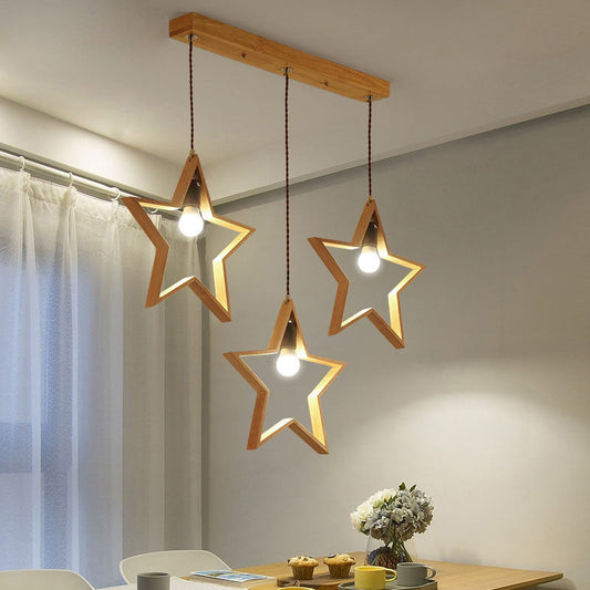 Nordic Style 3-Head Wood Star Pendant Ceiling Light - Wire Frame Multi Suspension Lighting