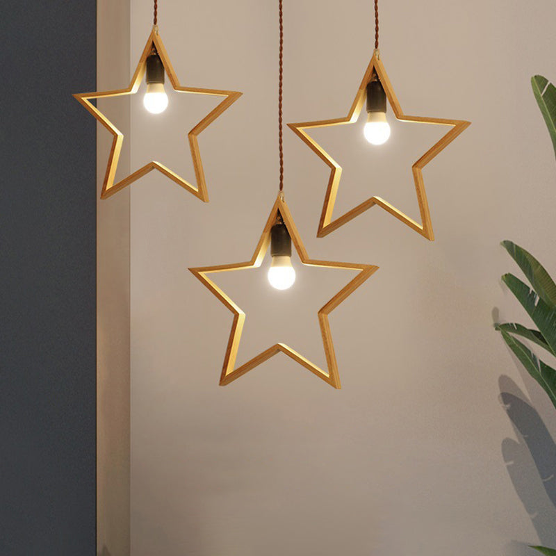 Nordic Style 3-Head Wood Star Pendant Ceiling Light - Wire Frame Multi Suspension Lighting