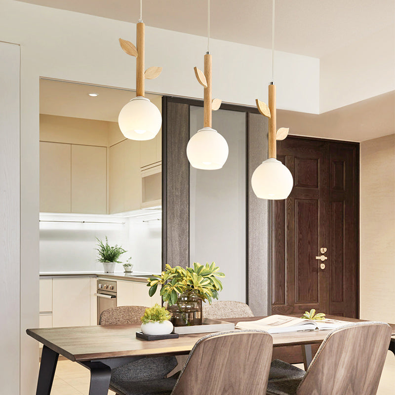 Modern Wood Pendant Light with Globe Cream Glass Shade - Branch Multi-Light, 3 Bulbs - Ideal for Restaurants