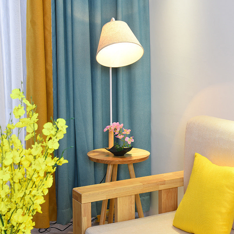 Modern Nordic Stand Up Floor Lamp With Wooden Tray - White Fabric Shade