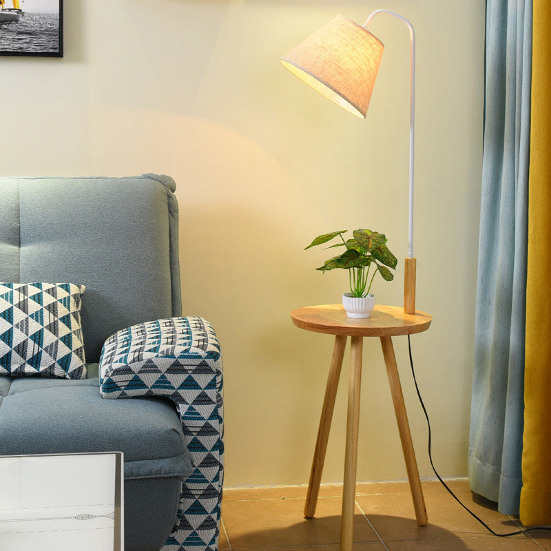 Modern Nordic Stand Up Floor Lamp With Wooden Tray - White Fabric Shade