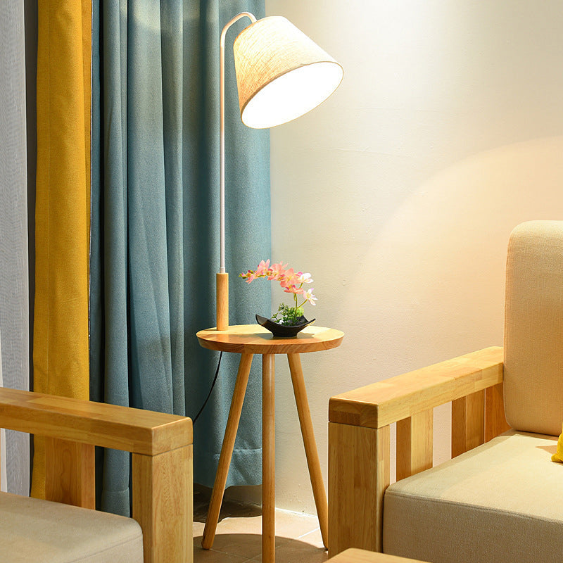 Modern Nordic Stand Up Floor Lamp With Wooden Tray - White Fabric Shade