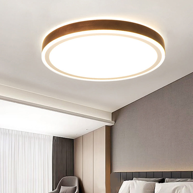 Wooden LED Flush Mount - Minimalist Round Light Fixture for Bedroom in Brown