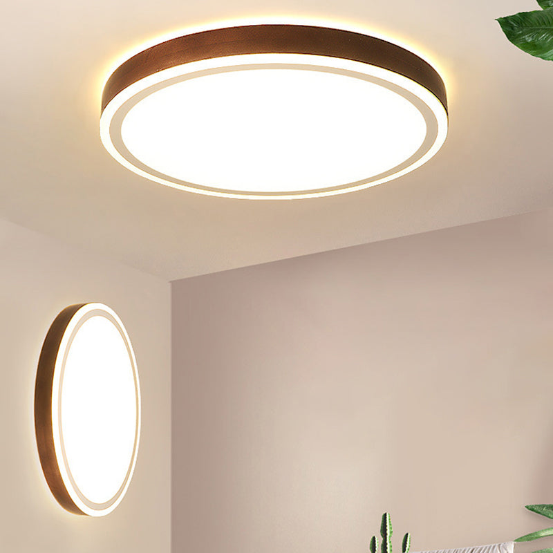 Wooden LED Flush Mount - Minimalist Round Light Fixture for Bedroom in Brown