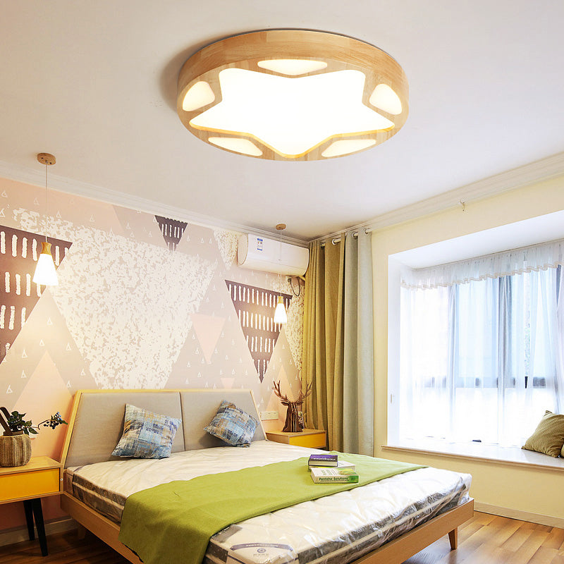 Modern Star Flush Ceiling Light for Kids Bedroom - LED Wood Flush Mount Fixture