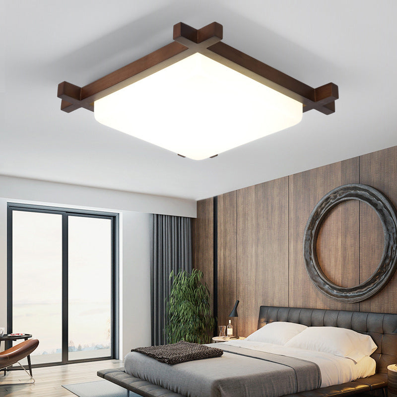 Plafonnier carré de style nordique avec abat-jour en acrylique et LED, idéal pour la chambre et le salon en finition bois 