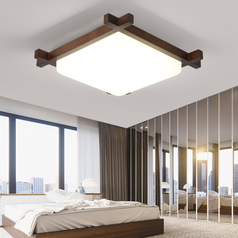 Plafonnier carré de style nordique avec abat-jour en acrylique et LED, idéal pour la chambre et le salon en finition bois 