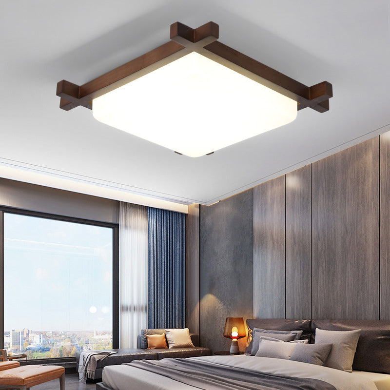 Plafonnier carré de style nordique avec abat-jour en acrylique et LED, idéal pour la chambre et le salon en finition bois 
