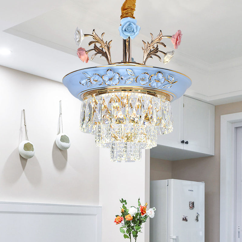 3-Tier Crystal Pendant Chandelier with LED, Radiant White/Blue Light, Metal Flowers, 12"/14" Wide