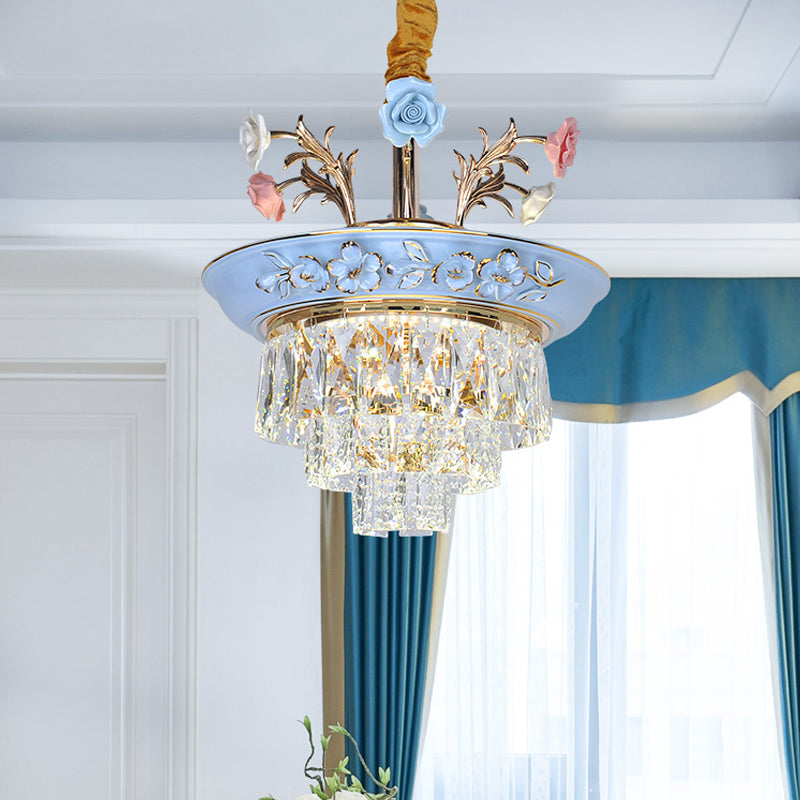 3-Tier Crystal Pendant Chandelier with LED, Radiant White/Blue Light, Metal Flowers, 12"/14" Wide