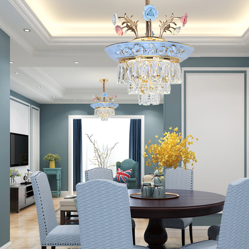 3-Tier Crystal Pendant Chandelier with LED, Radiant White/Blue Light, Metal Flowers, 12"/14" Wide