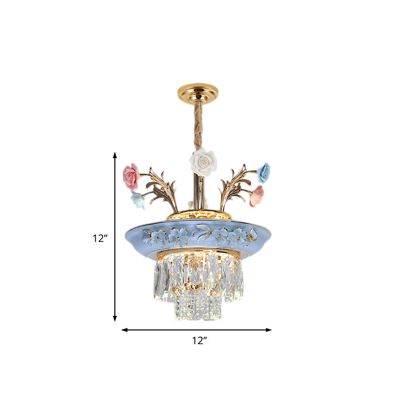 3-Tier Crystal Pendant Chandelier with LED, Radiant White/Blue Light, Metal Flowers, 12"/14" Wide